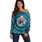 Port Adelaide Football Club Off Shoulder Sweater Indigenous Monochrome Dot Art Mascot Style