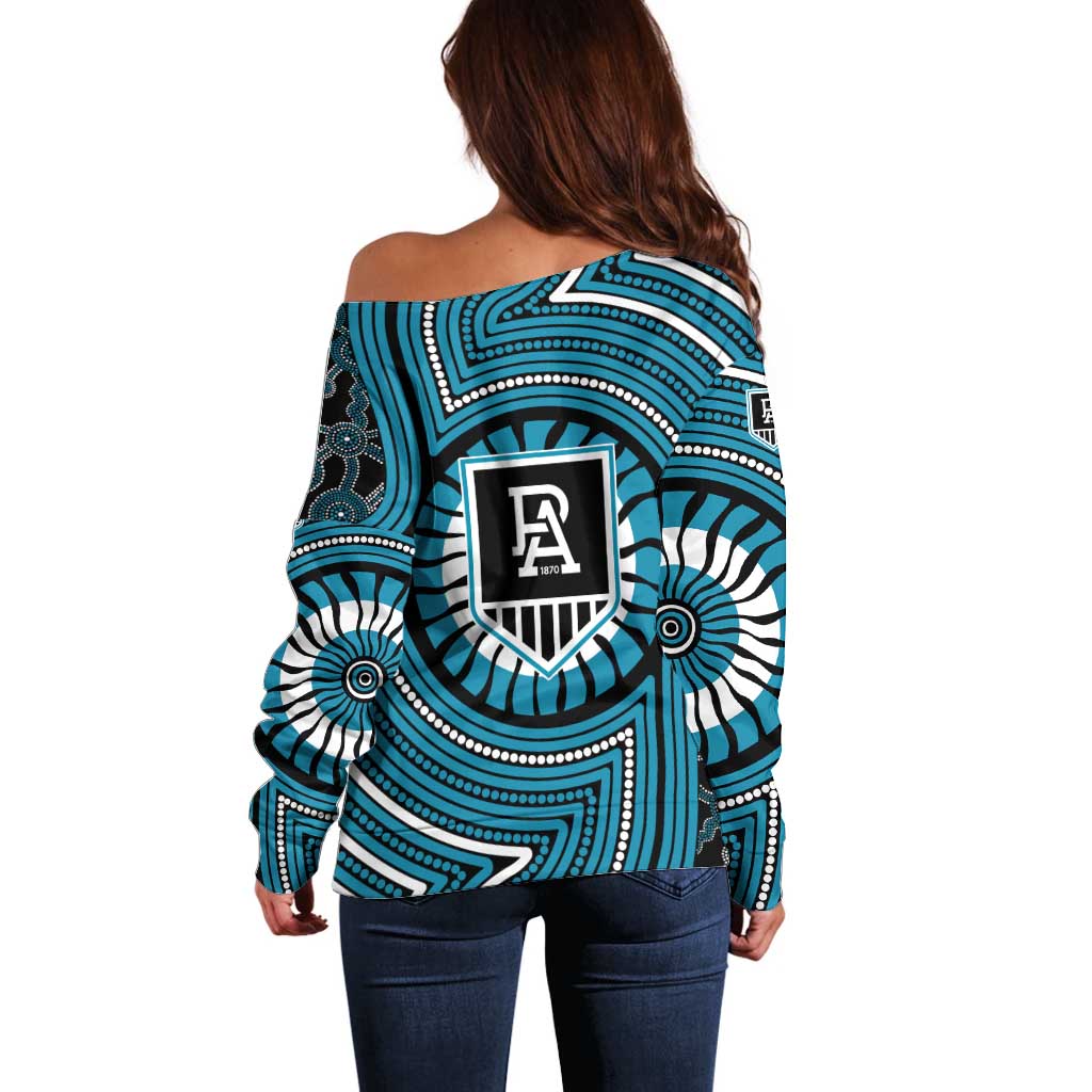 Port Adelaide Football Club Off Shoulder Sweater Indigenous Monochrome Dot Art Mascot Style