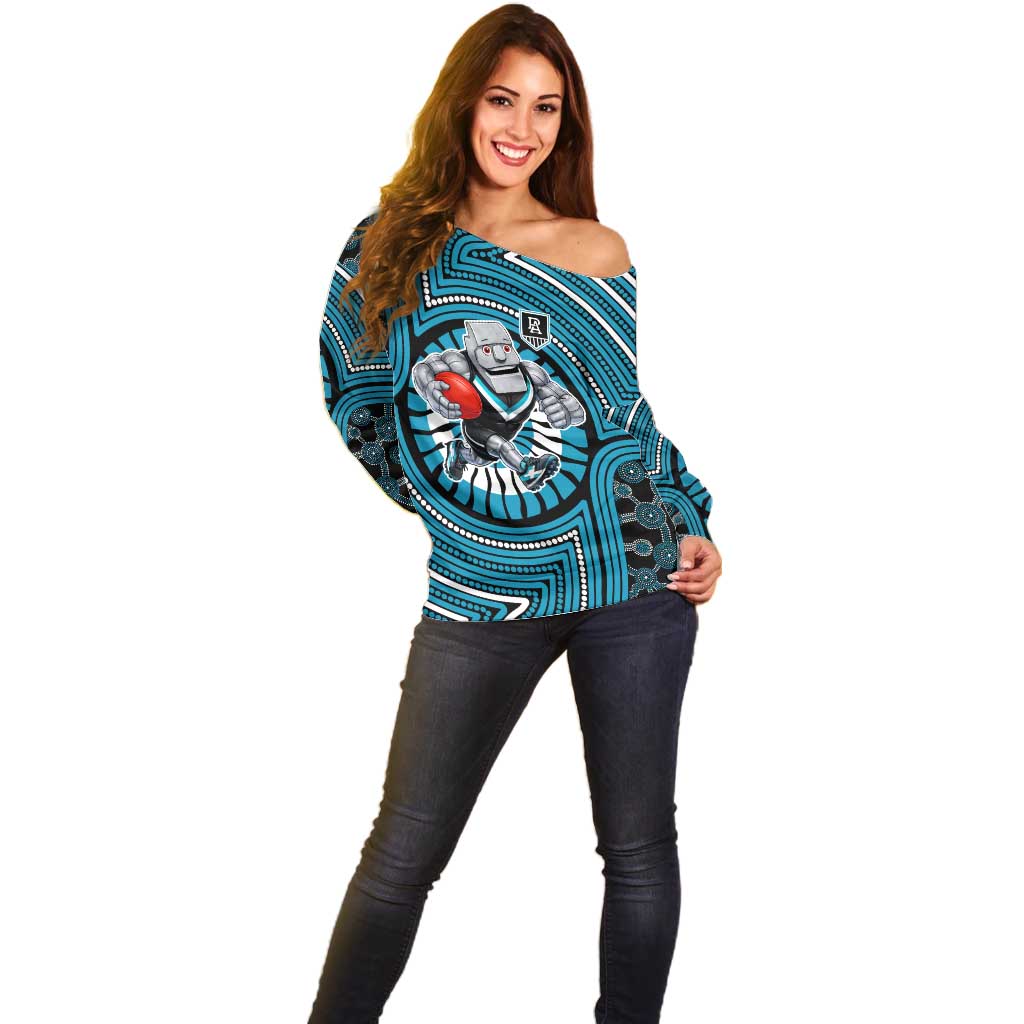 Port Adelaide Football Club Off Shoulder Sweater Indigenous Monochrome Dot Art Mascot Style