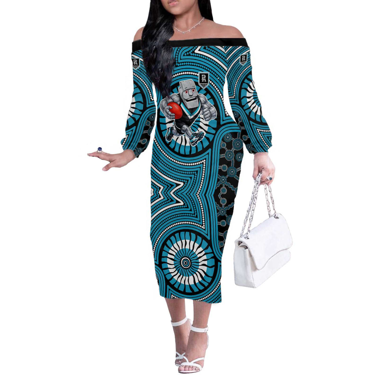 Port Adelaide Football Club Off The Shoulder Long Sleeve Dress Indigenous Monochrome Dot Art Mascot Style