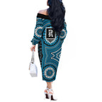 Port Adelaide Football Club Off The Shoulder Long Sleeve Dress Indigenous Monochrome Dot Art Mascot Style