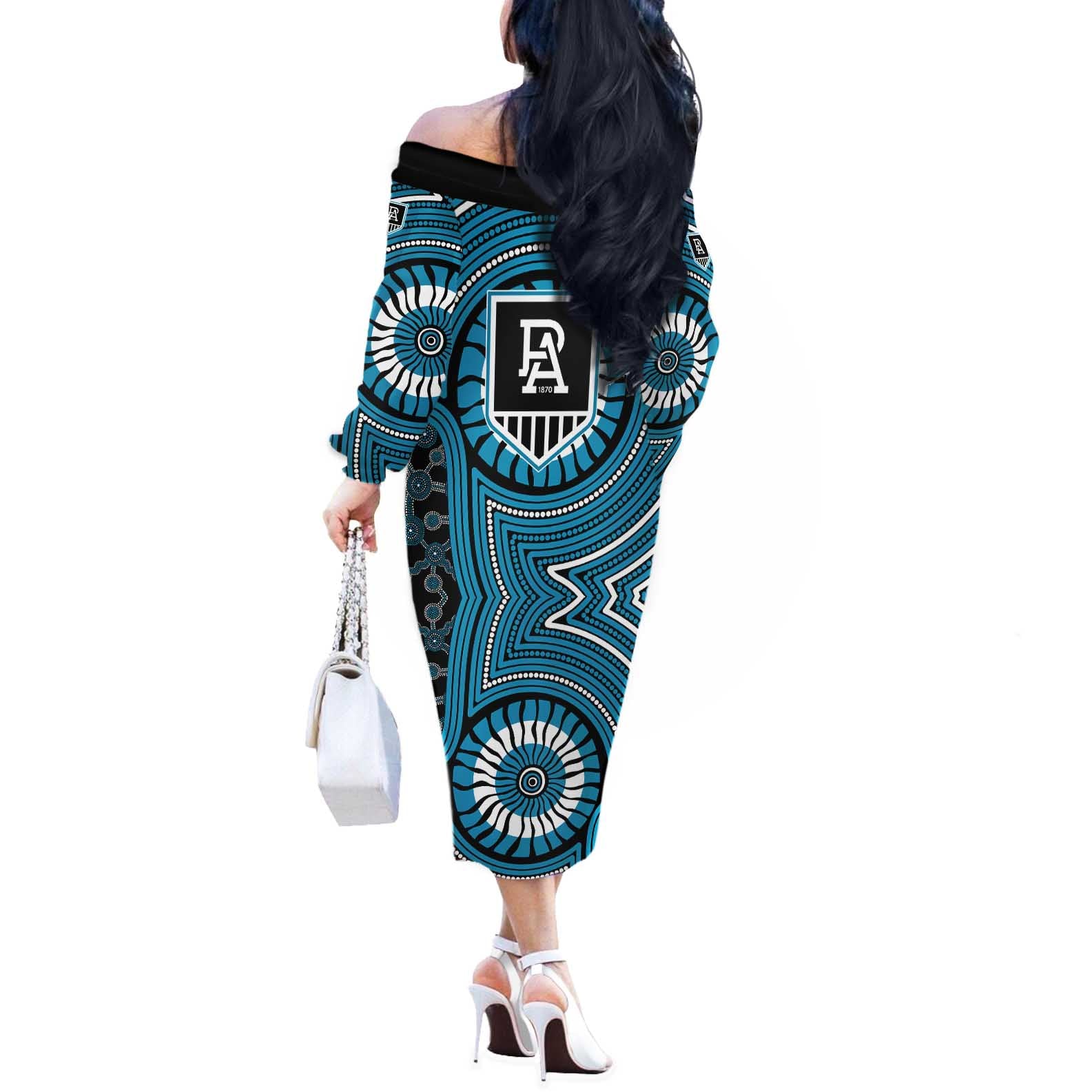 Port Adelaide Football Club Off The Shoulder Long Sleeve Dress Indigenous Monochrome Dot Art Mascot Style