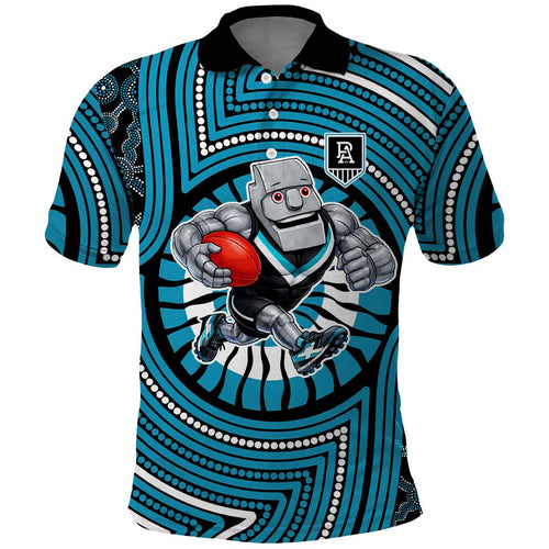 Port Adelaide Football Club Polo Shirt Indigenous Monochrome Dot Art Mascot Style