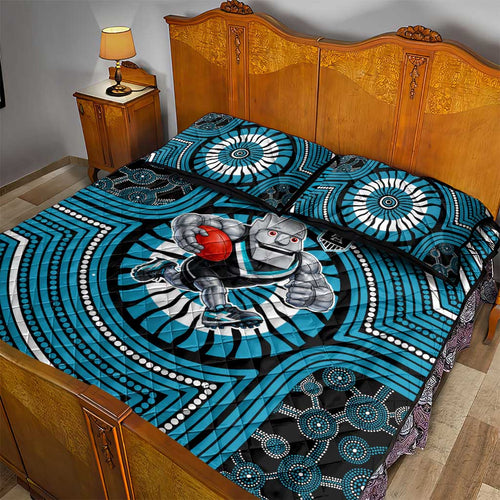 Port Adelaide Football Club Quilt Bed Set Indigenous Monochrome Dot Art Mascot Style