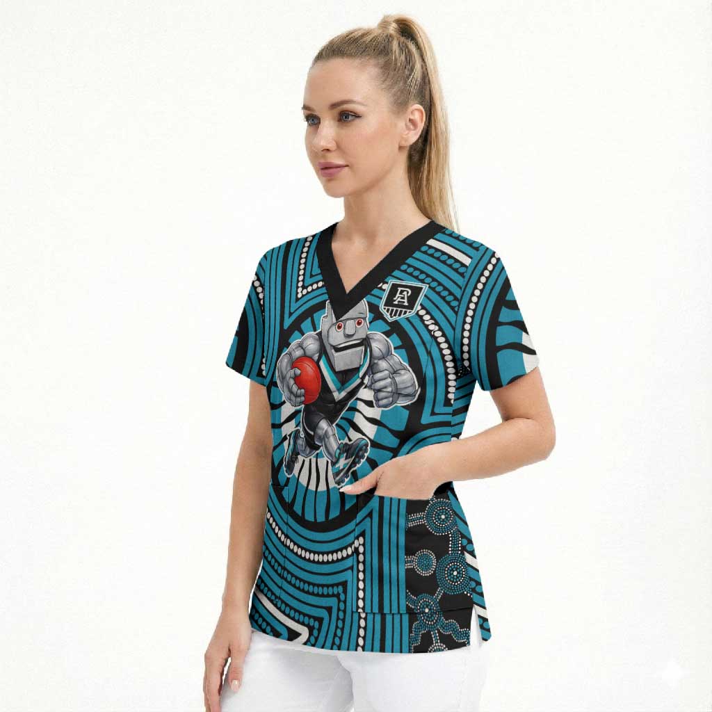 Port Adelaide Football Club Scrub Top Indigenous Monochrome Dot Art Mascot Style