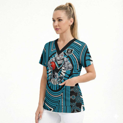 Port Adelaide Football Club Scrub Top Indigenous Monochrome Dot Art Mascot Style