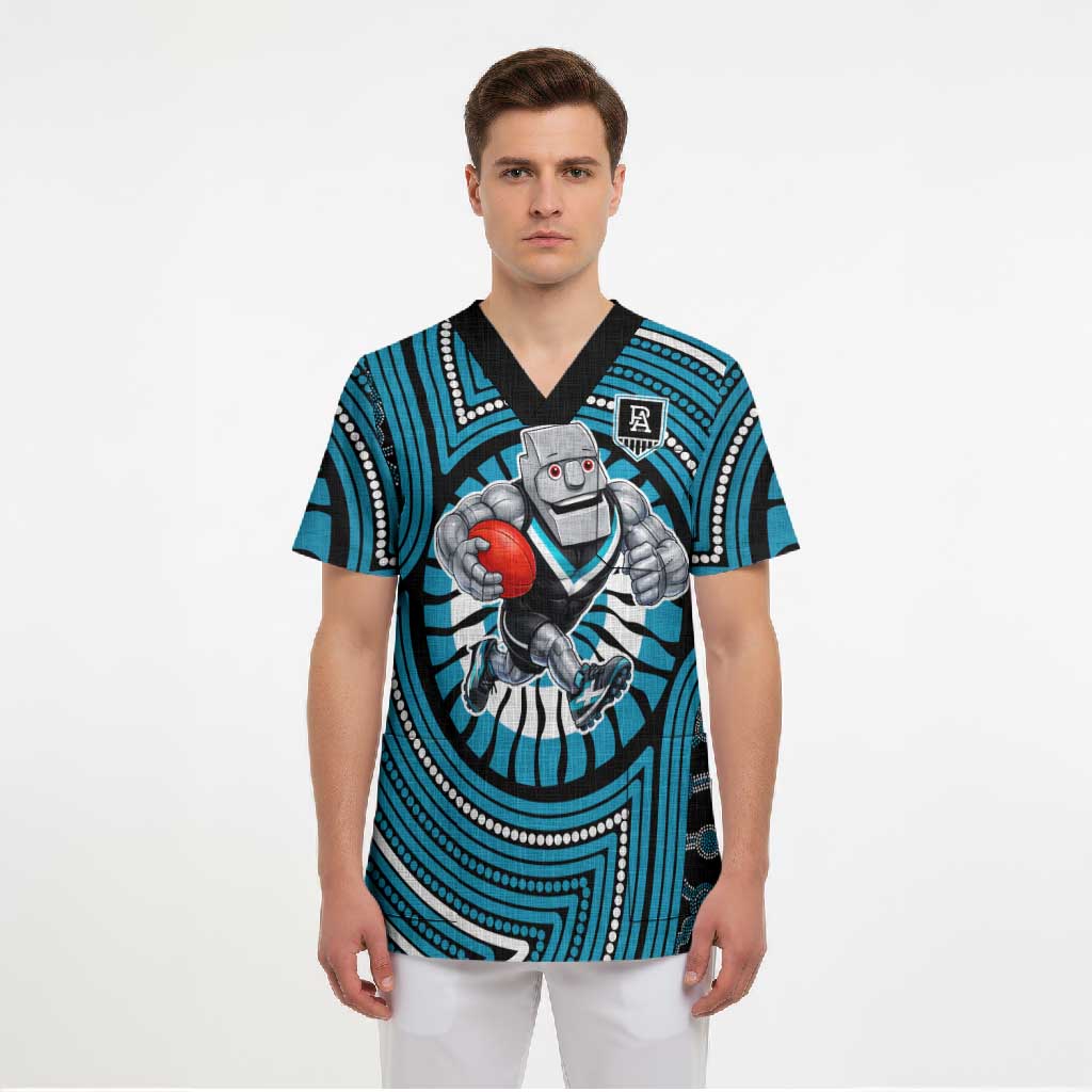 Port Adelaide Football Club Scrub Top Indigenous Monochrome Dot Art Mascot Style
