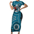 Port Adelaide Football Club Short Sleeve Bodycon Dress Indigenous Monochrome Dot Art Mascot Style