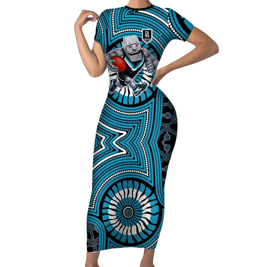 Port Adelaide Football Club Short Sleeve Bodycon Dress Indigenous Monochrome Dot Art Mascot Style