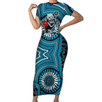 Port Adelaide Football Club Short Sleeve Bodycon Dress Indigenous Monochrome Dot Art Mascot Style
