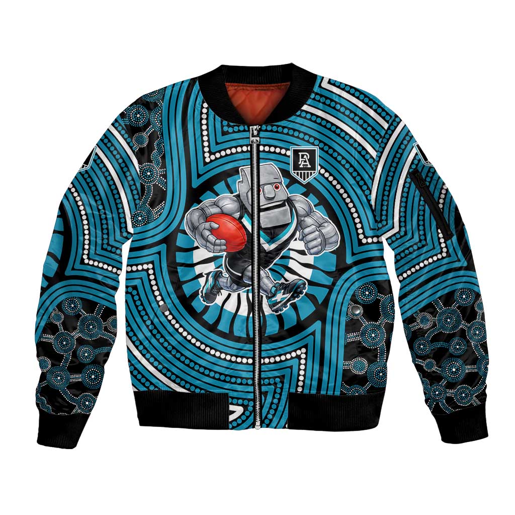 Port Adelaide Football Club Sleeve Zip Bomber Jacket Indigenous Monochrome Dot Art Mascot Style