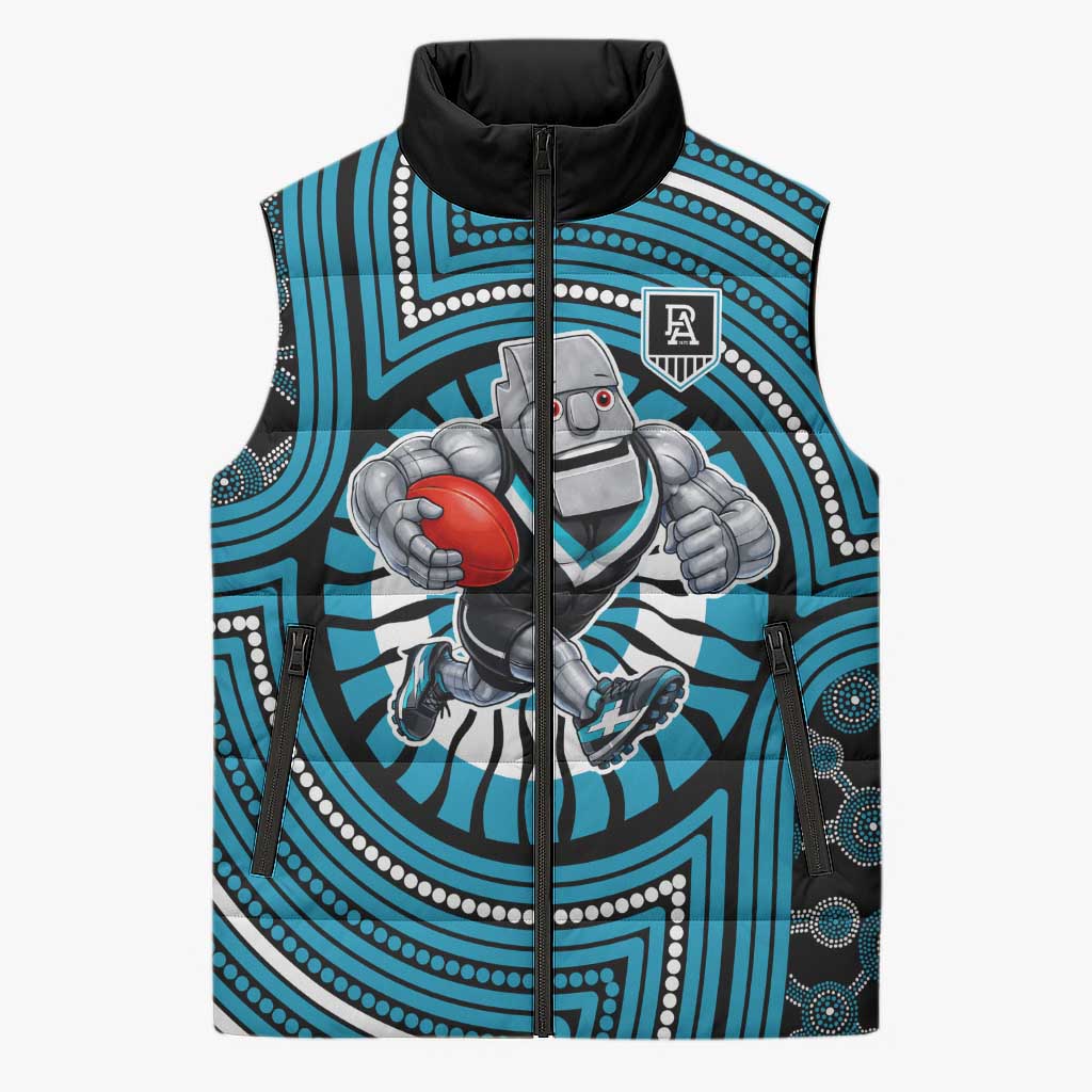 Port Adelaide Football Club Sleeveless Puffer Jacket Indigenous Monochrome Dot Art Mascot Style