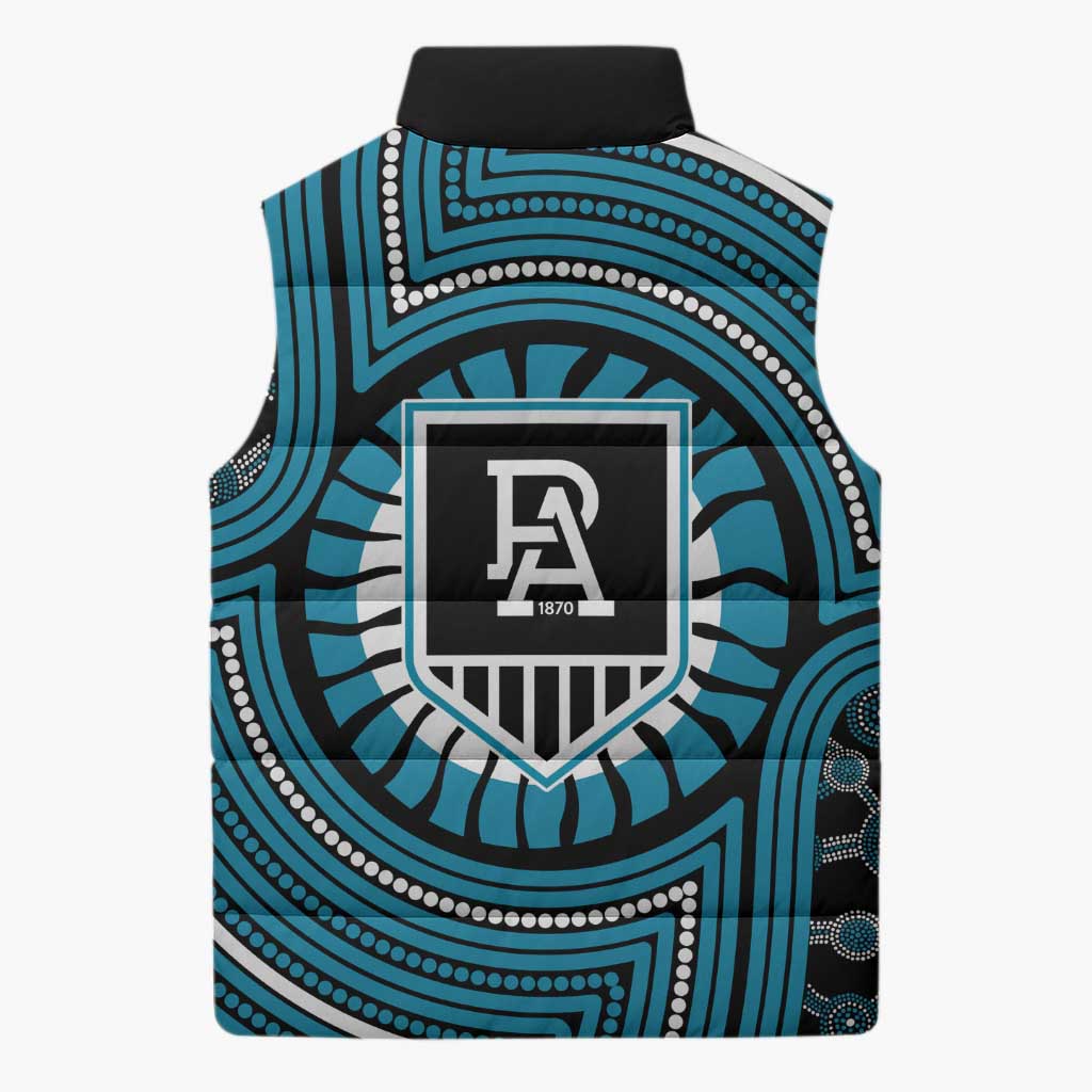 Port Adelaide Football Club Sleeveless Puffer Jacket Indigenous Monochrome Dot Art Mascot Style
