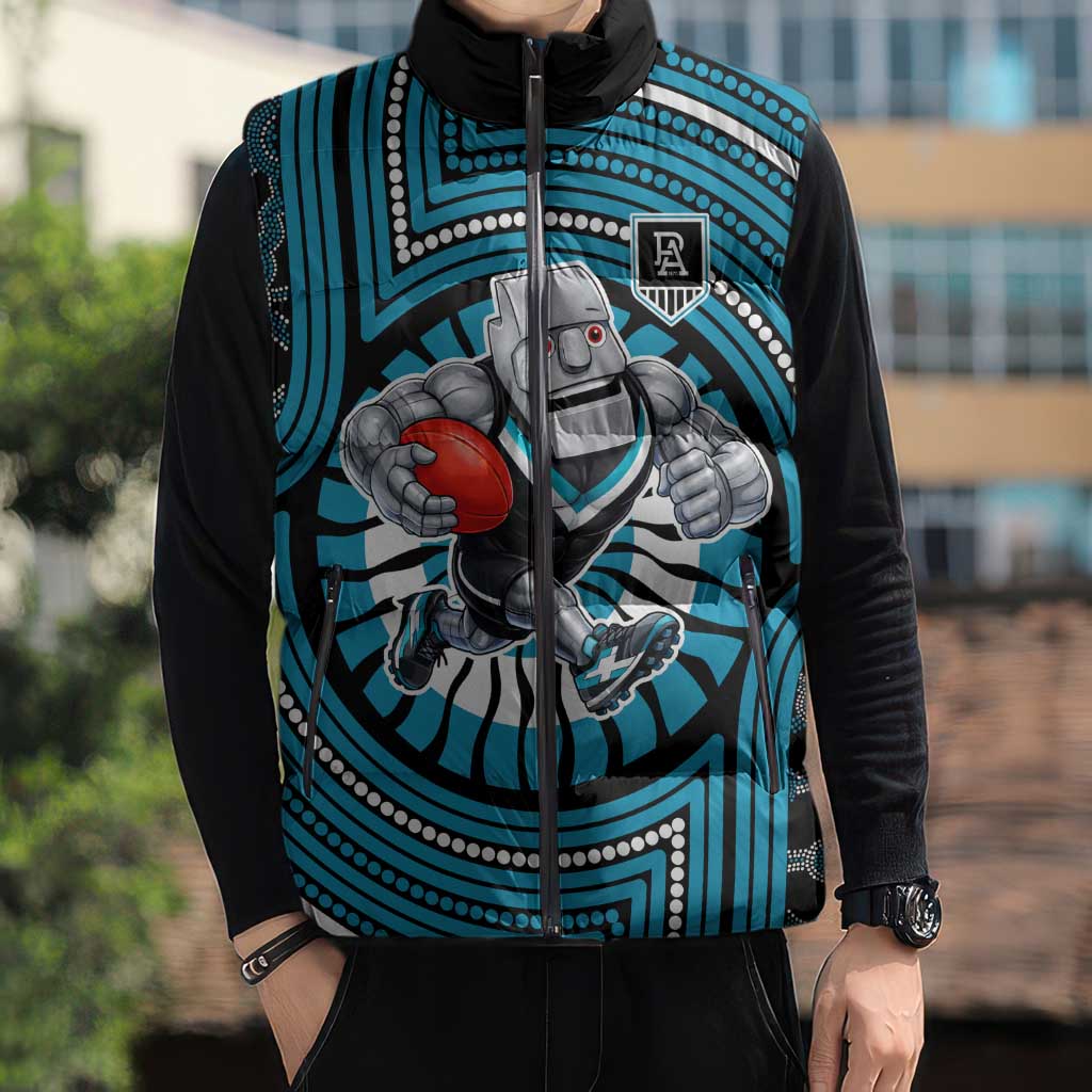 Port Adelaide Football Club Sleeveless Puffer Jacket Indigenous Monochrome Dot Art Mascot Style