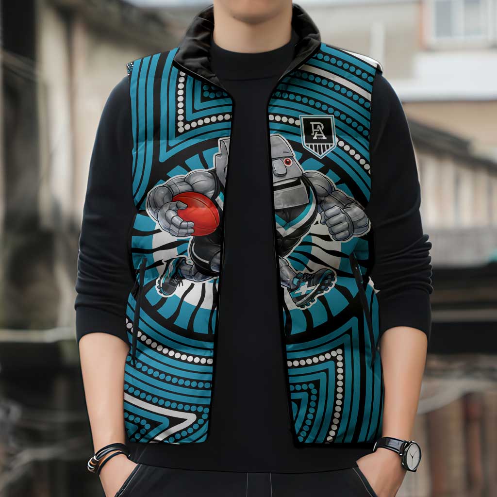 Port Adelaide Football Club Sleeveless Puffer Jacket Indigenous Monochrome Dot Art Mascot Style