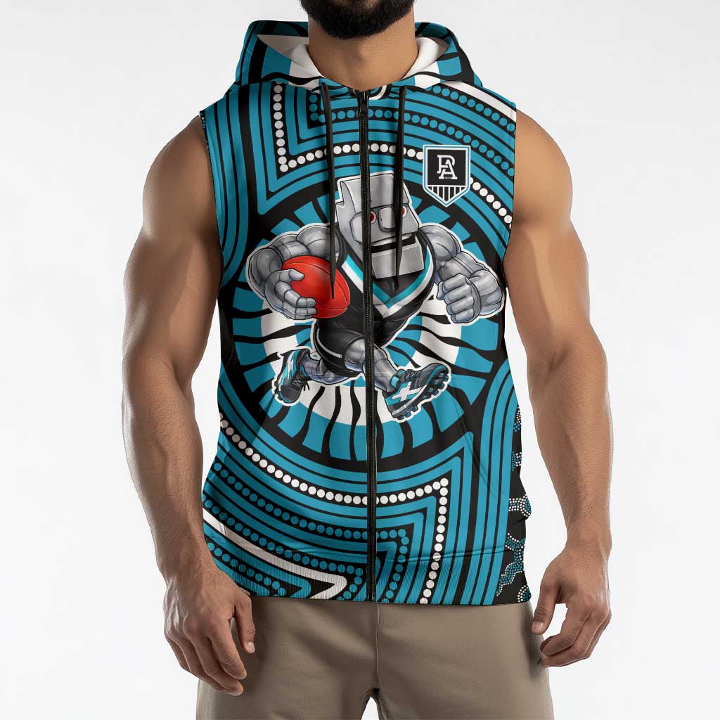Port Adelaide Football Club Sleeveless Zip Hoodie Indigenous Monochrome Dot Art Mascot Style