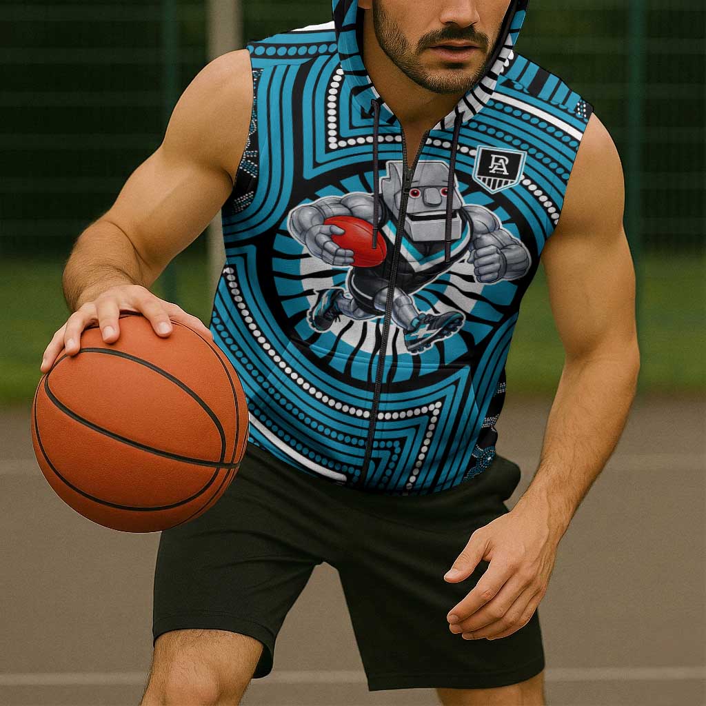Port Adelaide Football Club Sleeveless Zip Hoodie Indigenous Monochrome Dot Art Mascot Style