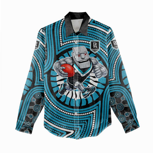 Port Adelaide Football Club Women Casual Shirt Indigenous Monochrome Dot Art Mascot Style