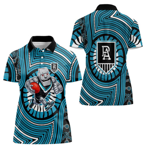 Port Adelaide Football Club Women Polo Shirt Indigenous Monochrome Dot Art Mascot Style