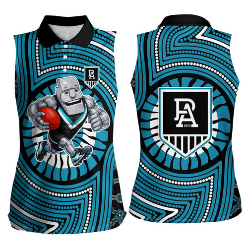 Port Adelaide Football Club Women Sleeveless Polo Shirt Indigenous Monochrome Dot Art Mascot Style