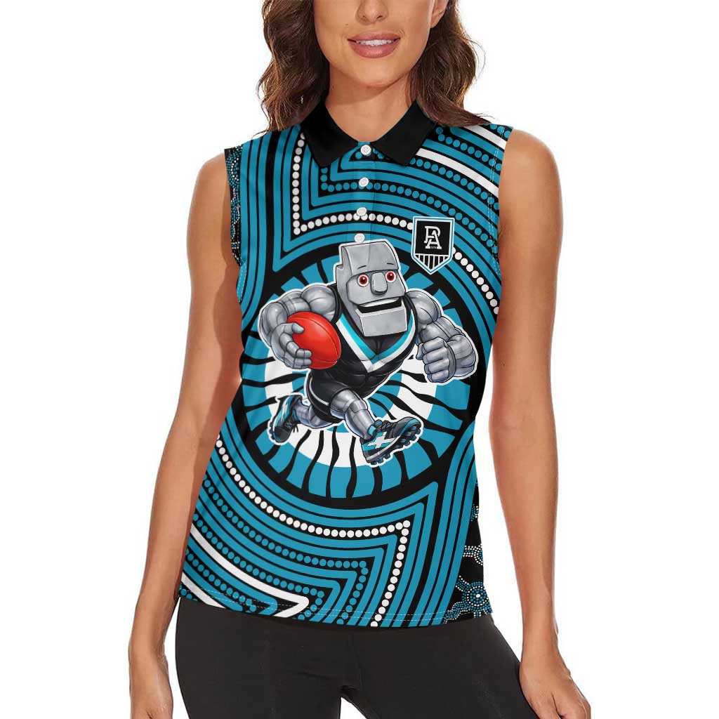 Port Adelaide Football Club Women Sleeveless Polo Shirt Indigenous Monochrome Dot Art Mascot Style