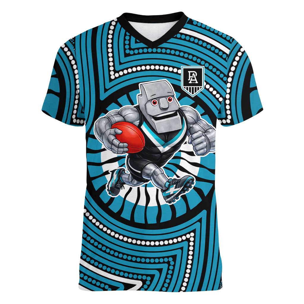 Port Adelaide Football Club Women V-Neck T-Shirt Indigenous Monochrome Dot Art Mascot Style