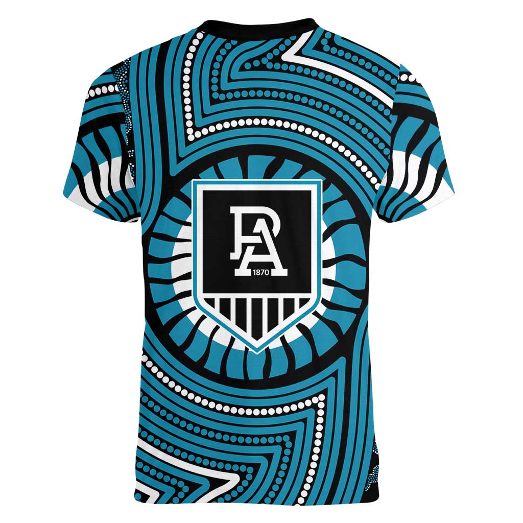 Port Adelaide Football Club Women V-Neck T-Shirt Indigenous Monochrome Dot Art Mascot Style