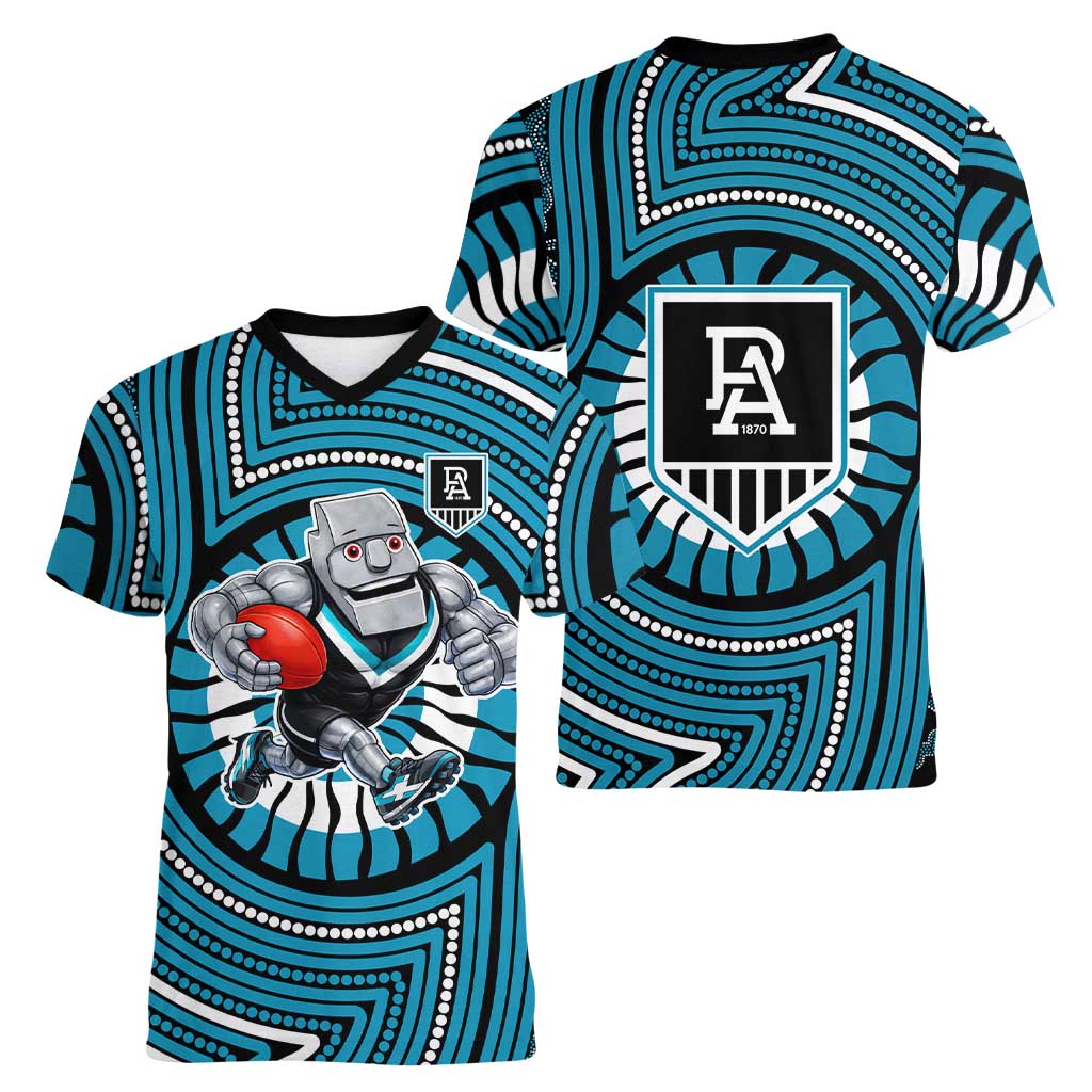 Port Adelaide Football Club Women V-Neck T-Shirt Indigenous Monochrome Dot Art Mascot Style