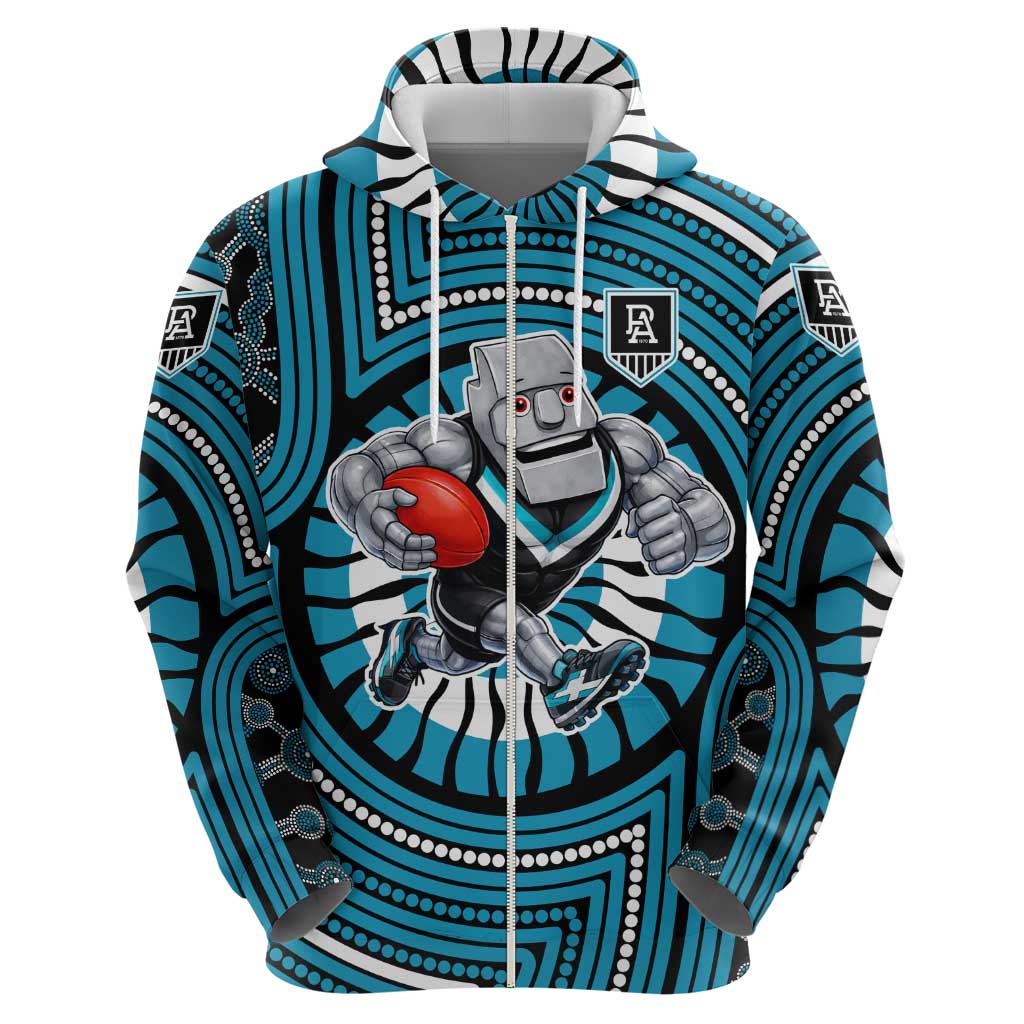 Port Adelaide Football Club Zip Hoodie Indigenous Monochrome Dot Art Mascot Style