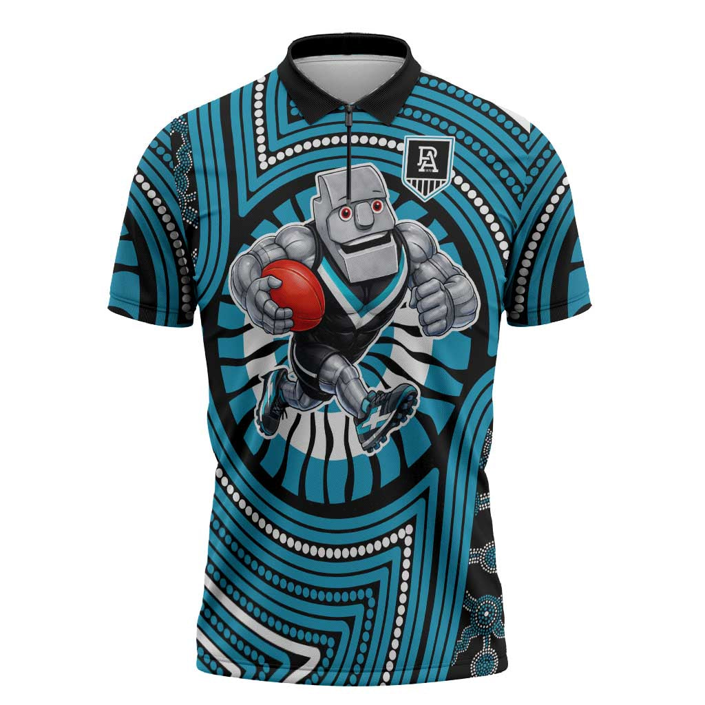 Port Adelaide Football Club Zipper Polo Shirt Indigenous Monochrome Dot Art Mascot Style
