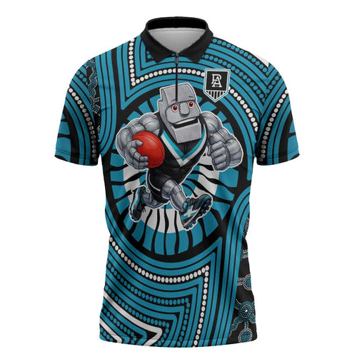 Port Adelaide Football Club Zipper Polo Shirt Indigenous Monochrome Dot Art Mascot Style