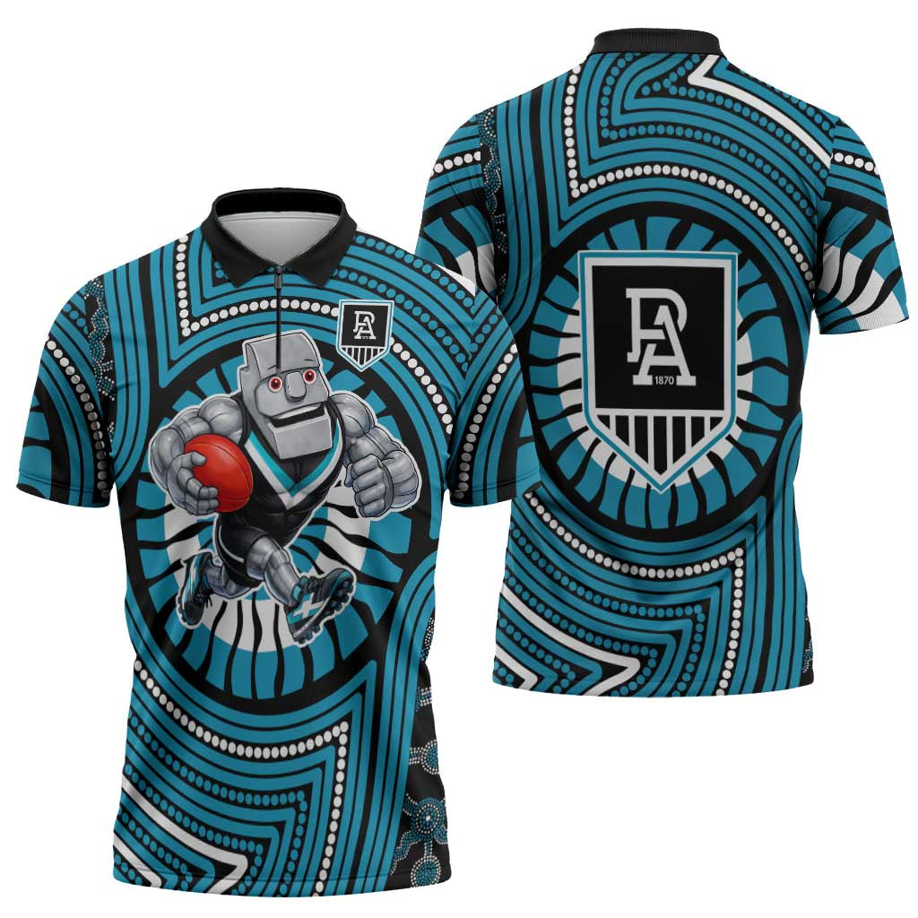 Port Adelaide Football Club Zipper Polo Shirt Indigenous Monochrome Dot Art Mascot Style