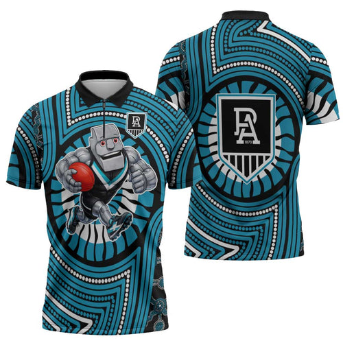 Port Adelaide Football Club Zipper Polo Shirt Indigenous Monochrome Dot Art Mascot Style