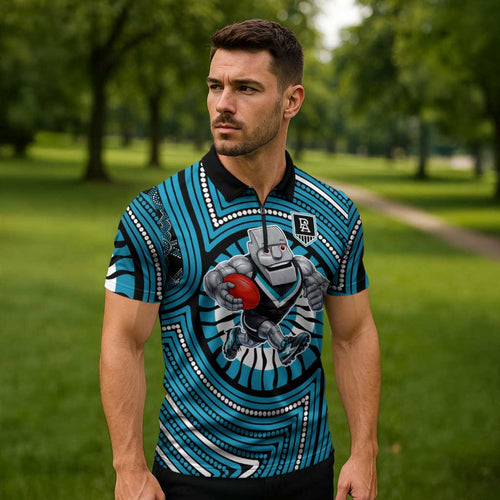Port Adelaide Football Club Zipper Polo Shirt Indigenous Monochrome Dot Art Mascot Style