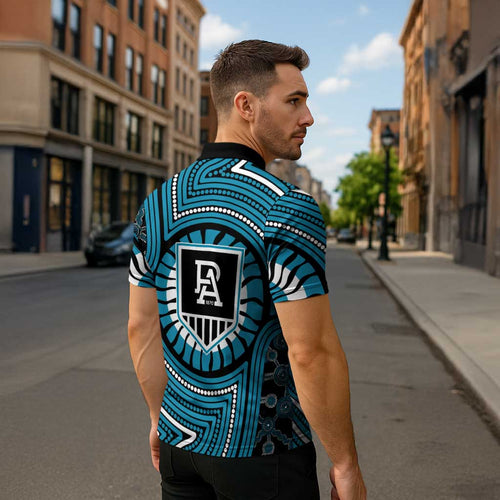 Port Adelaide Football Club Zipper Polo Shirt Indigenous Monochrome Dot Art Mascot Style