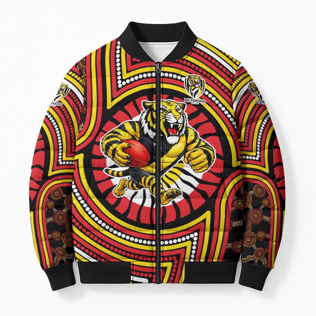 Richmond Football Club Bomber Puffer Jacket Indigenous Monochrome Dot Art Mascot Style