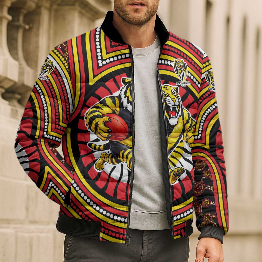 Richmond Football Club Bomber Puffer Jacket Indigenous Monochrome Dot Art Mascot Style
