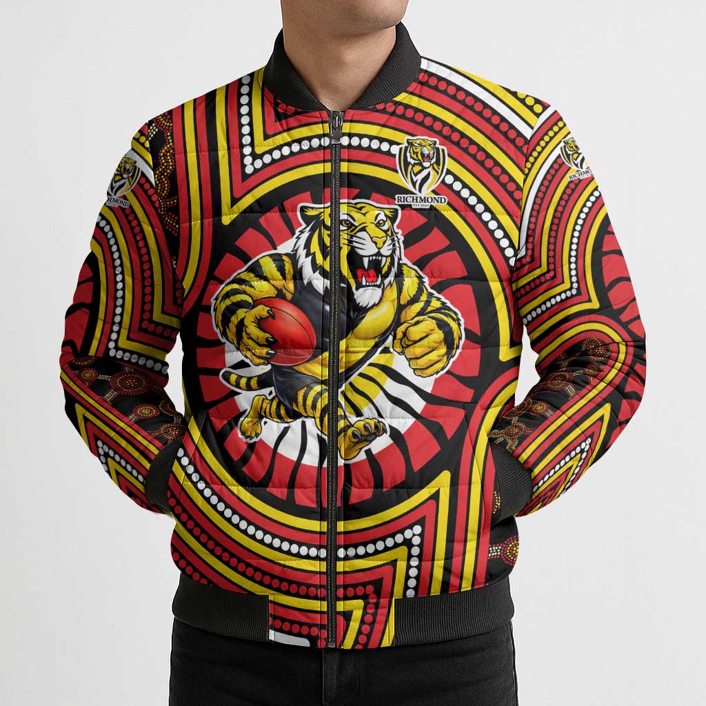 Richmond Football Club Bomber Puffer Jacket Indigenous Monochrome Dot Art Mascot Style
