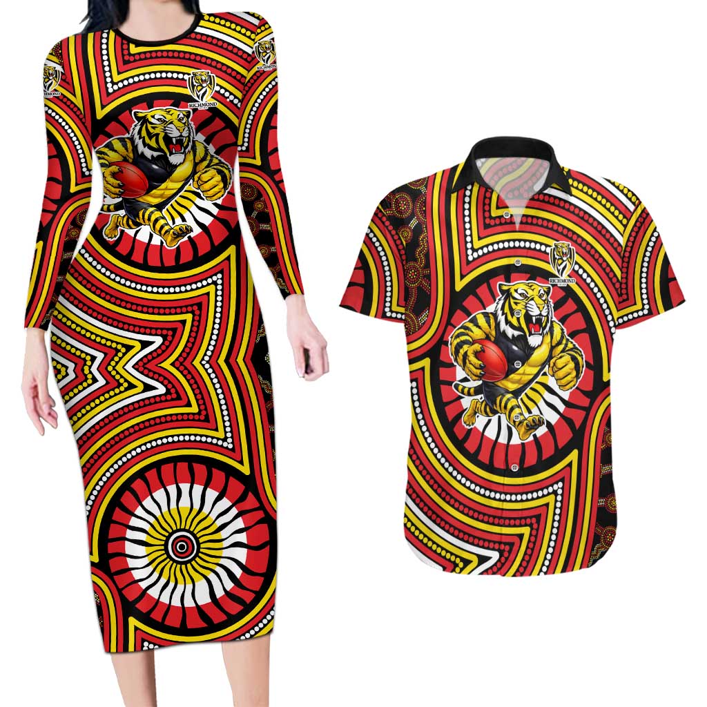 Richmond Football Club Couples Matching Long Sleeve Bodycon Dress and Hawaiian Shirt Indigenous Monochrome Dot Art Mascot Style