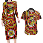 Richmond Football Club Couples Matching Long Sleeve Bodycon Dress and Hawaiian Shirt Indigenous Monochrome Dot Art Mascot Style