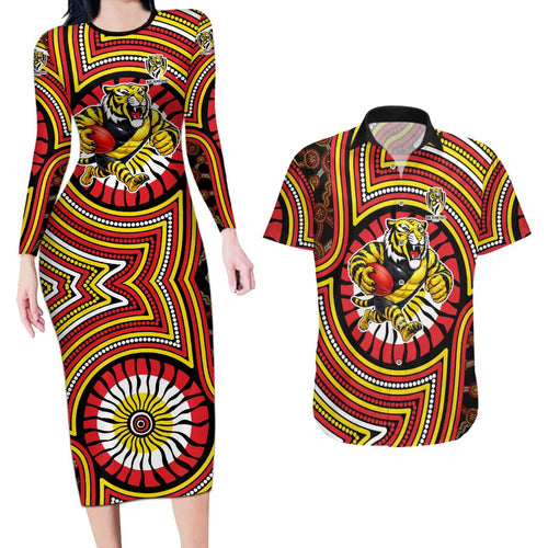 Richmond Football Club Couples Matching Long Sleeve Bodycon Dress and Hawaiian Shirt Indigenous Monochrome Dot Art Mascot Style