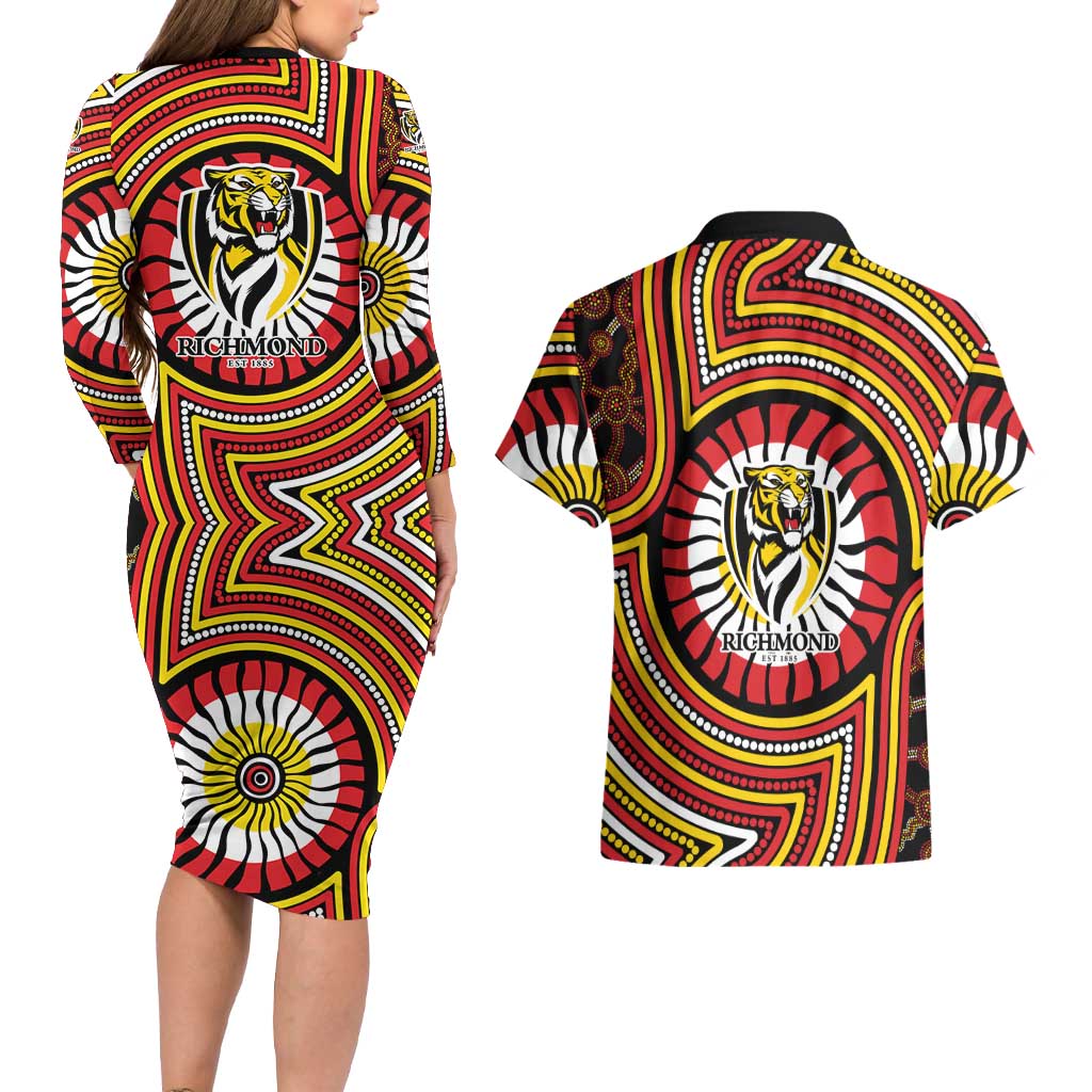 Richmond Football Club Couples Matching Long Sleeve Bodycon Dress and Hawaiian Shirt Indigenous Monochrome Dot Art Mascot Style