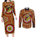 Richmond Football Club Couples Matching Long Sleeve Bodycon Dress and Long Sleeve Button Shirt Indigenous Monochrome Dot Art Mascot Style