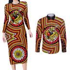 Richmond Football Club Couples Matching Long Sleeve Bodycon Dress and Long Sleeve Button Shirt Indigenous Monochrome Dot Art Mascot Style