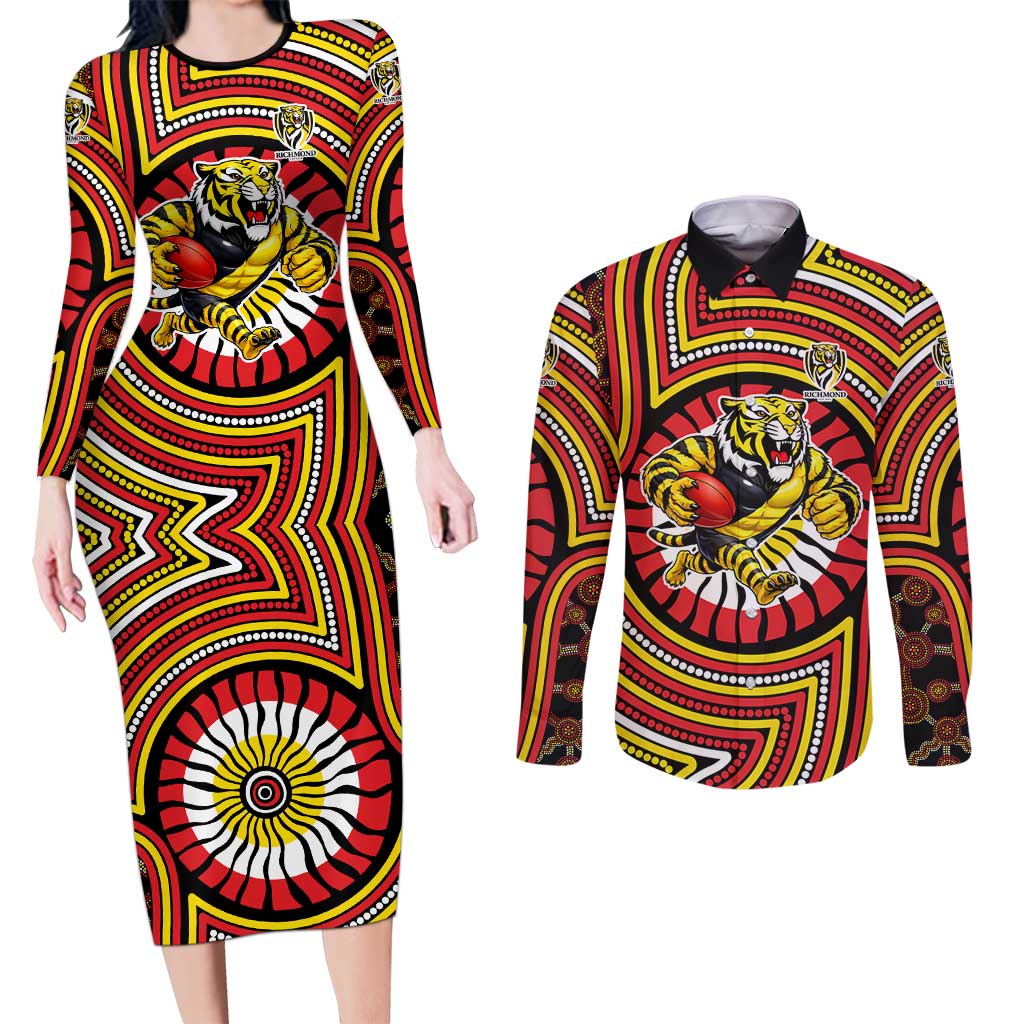 Richmond Football Club Couples Matching Long Sleeve Bodycon Dress and Long Sleeve Button Shirt Indigenous Monochrome Dot Art Mascot Style