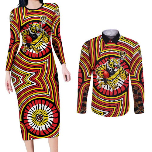 Richmond Football Club Couples Matching Long Sleeve Bodycon Dress and Long Sleeve Button Shirt Indigenous Monochrome Dot Art Mascot Style