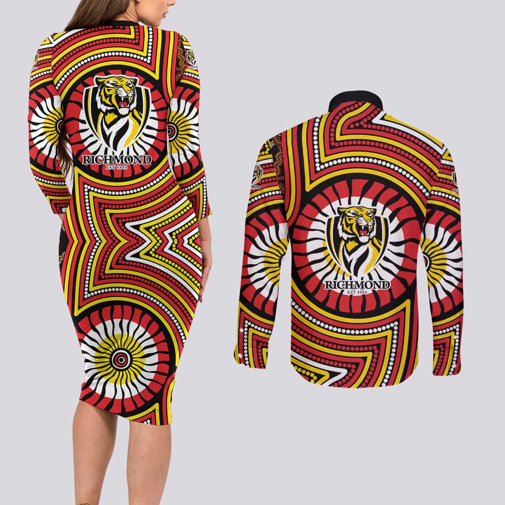 Richmond Football Club Couples Matching Long Sleeve Bodycon Dress and Long Sleeve Button Shirt Indigenous Monochrome Dot Art Mascot Style