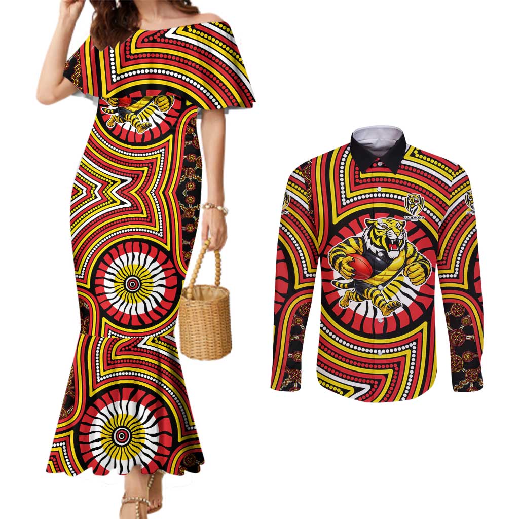 Richmond Football Club Couples Matching Mermaid Dress and Long Sleeve Button Shirt Indigenous Monochrome Dot Art Mascot Style