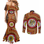 Richmond Football Club Couples Matching Mermaid Dress and Long Sleeve Button Shirt Indigenous Monochrome Dot Art Mascot Style