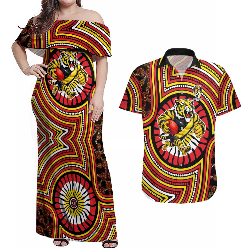 Richmond Football Club Couples Matching Off Shoulder Maxi Dress and Hawaiian Shirt Indigenous Monochrome Dot Art Mascot Style